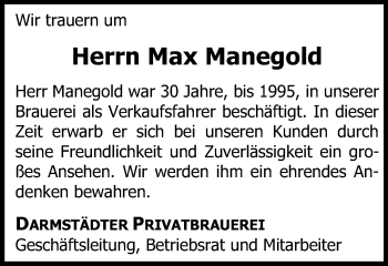 Traueranzeige von Max Manegold von Echo-Zeitungen (Gesamtausgabe)