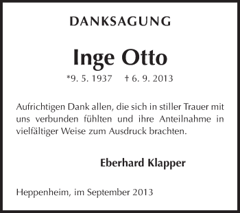Traueranzeige von Inge Otto von Starkenburger Echo