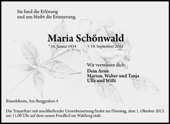 Traueranzeige von Maria Schönwald von Rüsselsheimer Echo, Groß-Gerauer-Echo, Ried Echo