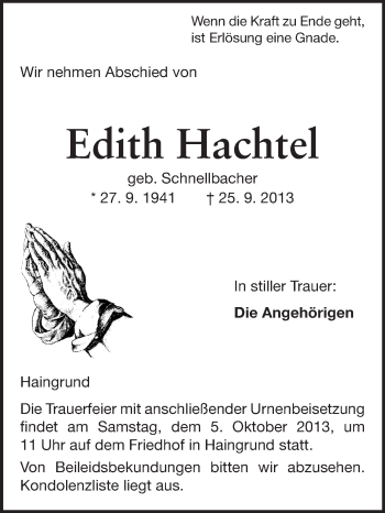 Traueranzeige von Edith Hachtel von Odenwälder Echo