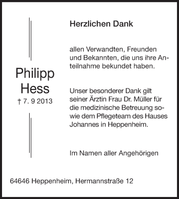 Traueranzeige von Philipp Hess von Starkenburger Echo