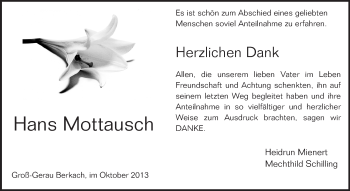 Traueranzeige von Hans Mottausch von Rüsselsheimer Echo, Groß-Gerauer-Echo, Ried Echo