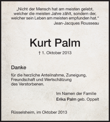 Traueranzeige von Kurt Palm von Rüsselsheimer Echo, Groß-Gerauer-Echo, Ried Echo