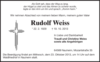 Traueranzeige von Rudolf Weiss von Rüsselsheimer Echo, Groß-Gerauer-Echo, Ried Echo
