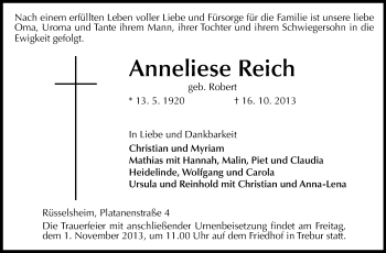 Traueranzeige von Anneliese Reich von Rüsselsheimer Echo, Groß-Gerauer-Echo, Ried Echo