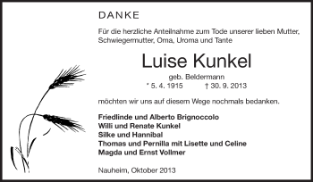 Traueranzeige von Luise Kunkel von Rüsselsheimer Echo, Groß-Gerauer-Echo, Ried Echo