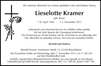 Traueranzeige von Lieselotte Kramer von Rüsselsheimer Echo, Groß-Gerauer-Echo, Ried Echo