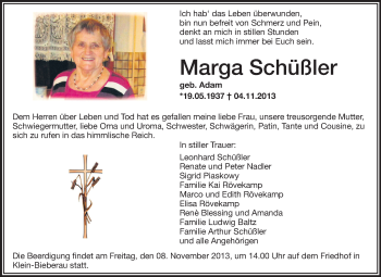 Traueranzeige von Marga Schüßler von Echo-Zeitungen (Gesamtausgabe)