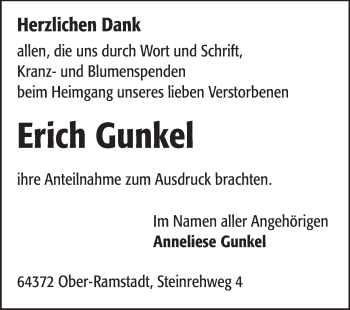 Traueranzeige von Erich Gunkel von Echo-Zeitungen (Gesamtausgabe)