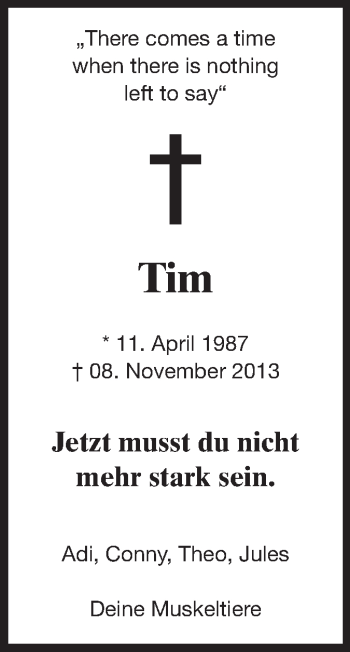 Traueranzeige von Tim Hernichel von Echo-Zeitungen (Gesamtausgabe)