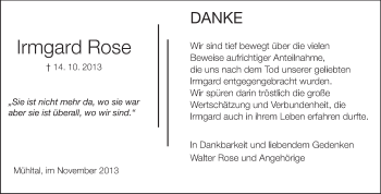 Traueranzeige von Irmgard Rose von Echo-Zeitungen (Gesamtausgabe)