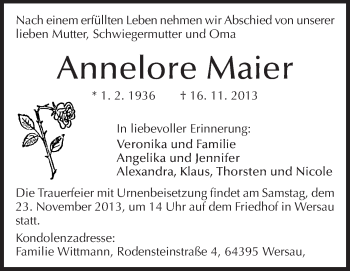 Traueranzeige von Annelore Maier von Odenwälder Echo