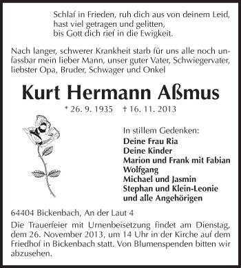 Traueranzeige von Kurt Hermann Aßmus von Echo-Zeitungen (Gesamtausgabe)