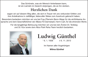 Traueranzeige von Ludwig Günthel von Darmstädter Echo