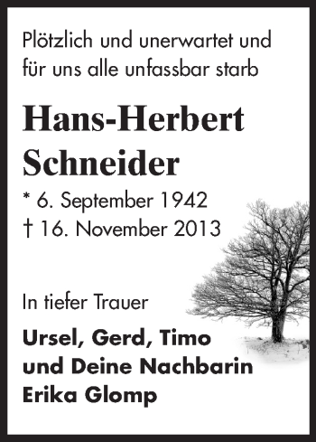 Traueranzeige von Hans Herbert Schneider von Echo-Zeitungen (Gesamtausgabe)