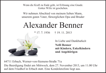 Traueranzeige von Alexander Benner  von Odenwälder Echo