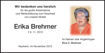 Traueranzeige von Erika Brehmer von Rüsselsheimer Echo, Groß-Gerauer-Echo, Ried Echo