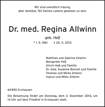 Traueranzeige von Regina Allwinn von Echo-Zeitungen (Gesamtausgabe)