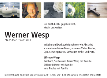 Traueranzeige von Werner Wesp von Echo-Zeitungen (Gesamtausgabe)