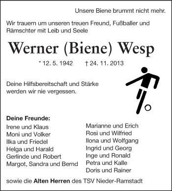 Traueranzeige von Werner Wesp von Echo-Zeitungen (Gesamtausgabe)