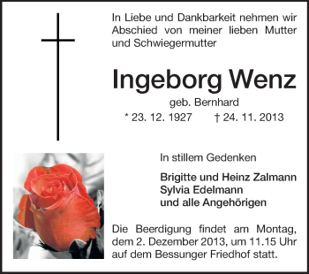 Traueranzeige von Ingeborg Wenz von Echo-Zeitungen (Gesamtausgabe)