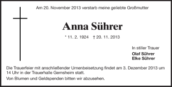 Traueranzeige von Anna Sührer von Echo-Zeitungen (Gesamtausgabe)