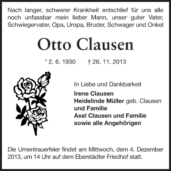 Traueranzeige von Otto Clausen von Echo-Zeitungen (Gesamtausgabe)
