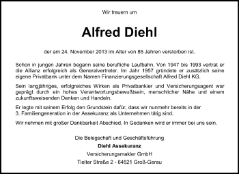 Traueranzeige von Alfred Diehl von Echo-Zeitungen (Gesamtausgabe)