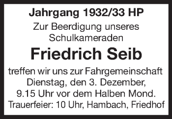 Traueranzeige von Friedrich Seib von Starkenburger Echo