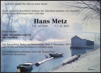 Traueranzeige von Hans Metz von Rüsselsheimer Echo, Groß-Gerauer-Echo, Ried Echo