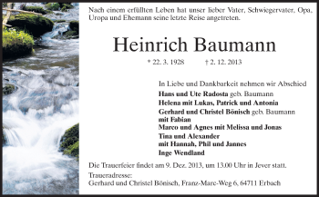 Traueranzeige von Heinrich Baumann von Odenwälder Echo