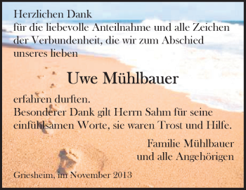 Traueranzeige von Uwe Mühlbauer von Echo-Zeitungen (Gesamtausgabe)