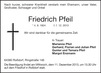 Traueranzeige von Friedrich Pfeil von Echo-Zeitungen (Gesamtausgabe)