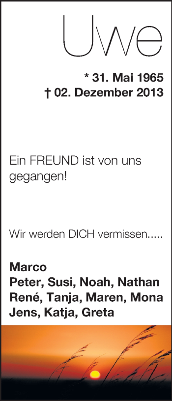Traueranzeige von Uwe  von Echo-Zeitungen (Gesamtausgabe)