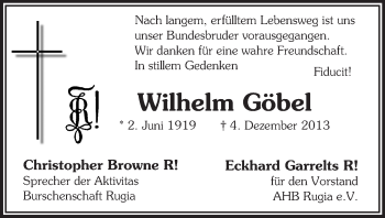 Traueranzeige von Wilhelm Göbel von Echo-Zeitungen (Gesamtausgabe)