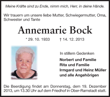 Traueranzeige von Annemarie Bock von Darmstädter Echo, Odenwälder Echo, Rüsselsheimer Echo, Groß-Gerauer-Echo, Ried Echo