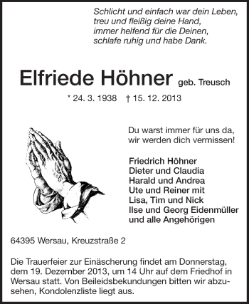 Traueranzeige von Elfriede Höhner von Echo-Zeitungen (Gesamtausgabe)