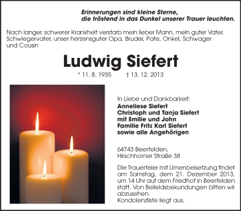 Traueranzeige von Ludwig Siefert von Odenwälder Echo