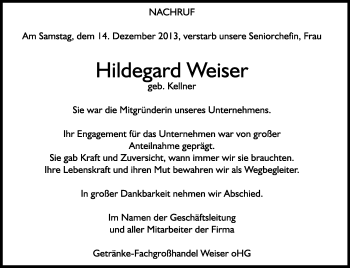 Traueranzeige von Hildegard Weiser von Starkenburger Echo, Bergsträßer Anzeiger