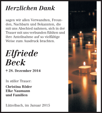 Traueranzeige von Elfriede Beck von Odenwälder Echo