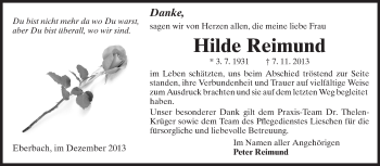 Traueranzeige von Hilde Reimund von Echo-Zeitungen (Gesamtausgabe) Traueranzeige von Hilde Reimund von Echo-Zeitungen (Gesamtausgabe)