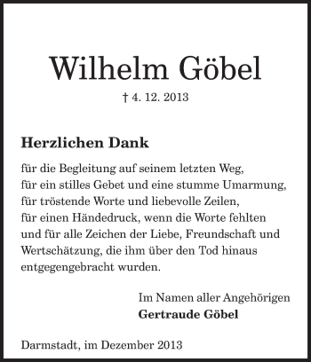 Traueranzeige von Wilhelm Göbel von Echo-Zeitungen (Gesamtausgabe)