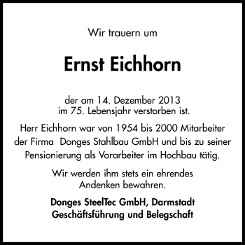 Traueranzeige von Ernst Eichhorn von Darmstädter Echo, Odenwälder Echo, Rüsselsheimer Echo, Groß-Gerauer-Echo, Ried Echo