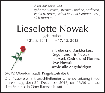 Traueranzeige von Lieselotte Nowak von Darmstädter Echo, Odenwälder Echo, Rüsselsheimer Echo, Groß-Gerauer-Echo, Ried Echo