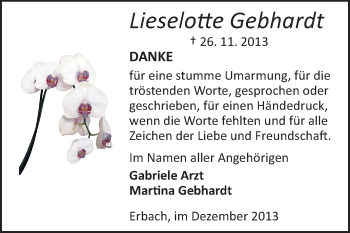 Traueranzeige von Lieselotte Gebhardt von Odenwälder Echo