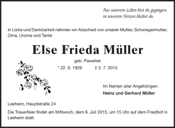 Traueranzeige von Else Frieda Müller von Rüsselsheimer Echo, Groß-Gerauer-Echo, Ried Echo
