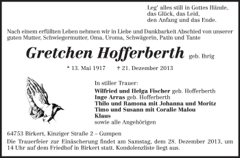 Traueranzeige von Gretchen Hofferberth von Odenwälder Echo