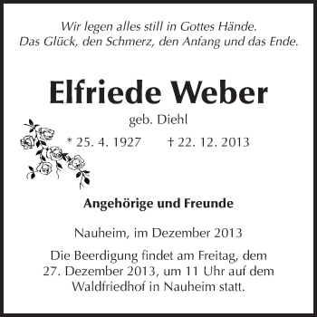 Traueranzeige von Elfriede Weber von Rüsselsheimer Echo, Groß-Gerauer-Echo, Ried Echo