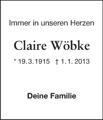 Traueranzeige von Claire Wöbke von Echo-Zeitungen (Gesamtausgabe)