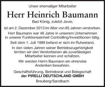 Traueranzeige von Heinrich Baumann von Odenwälder Echo